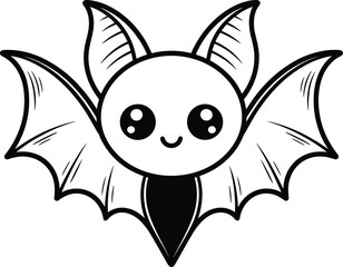 Cute kawaii bat cartoon illustration with happy face, Halloween flying animal character line art for kids coloring page and decoration