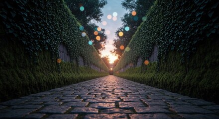 Naklejka premium Sunlit cobblestone path through lush, ivy-covered garden walls