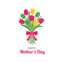 Happy mother's day illustration with a bouquet of pink and yellow tulips and a ribbon Vector, illustration