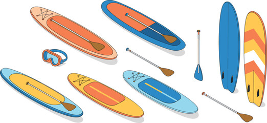 Isometric illustration of colorful paddleboards, surfboards, paddles, and snorkeling mask for summer beach sports, outdoor water recreation equipment design