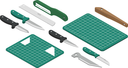 Isometric illustration of craft knives and cutting mats for hobby work, precision tools, DIY crafting equipment, artistic workshop design setup