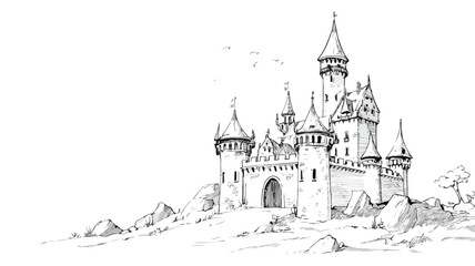 Fototapeta premium Majestic Castle Drawing with Towering Fortress - Detailed Vector Illustration