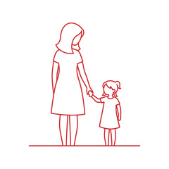 Mother and daughter holding hands, simple line art illustration on white background Vector, illustration