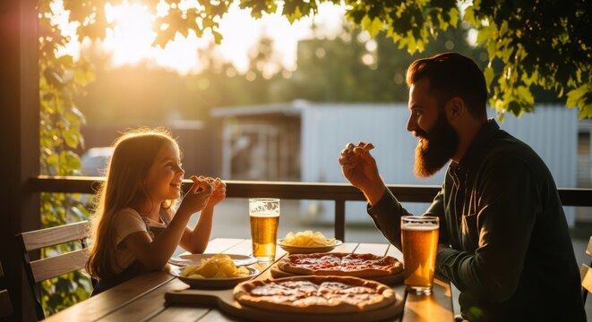 Father and daughter enjoying pizza chips and drinks at outdoor table during sunset, banner template for family restaurant promotions pizza ads or social media lifestyle posts, warm copyspace 