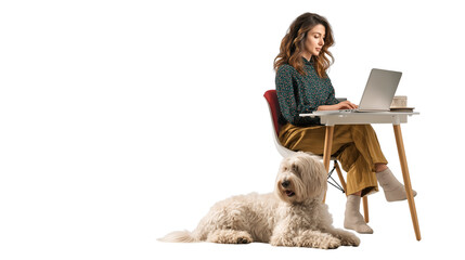Woman working on laptop at home office with dog isolated on transparent background