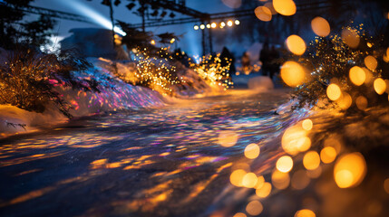 Interactive projection mapping on ice rink surface creating animated Christmas scenes festive technology holiday display winter innovation bokeh with copy space