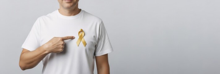 Сaucasian man stands with a yellow ribbon on a white t-shirt, pointing at it. Banner template for childhood cancer awareness month concept and support for disease patients.