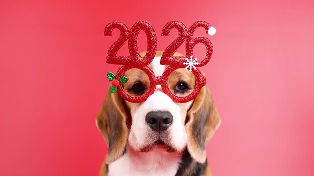 Happy New Year and Merry Christmas 2026 greeting postcard. A beagle dog in carnival head decoration with the numbers of the 2026 New year. Isolated  red background 