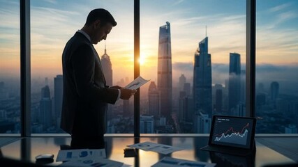 Businessman looking out window at city skyline at sunrise with tablet - Powered by Adobe