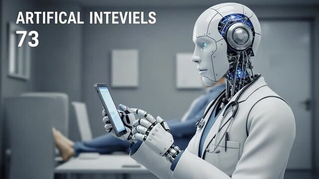 Robot doctor with stethoscope using tablet in modern office