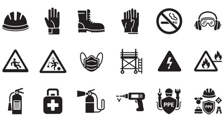Construction site hazard glyph icon set. Vector pictograms of goggles, ear protection, respirator, mask, drill, emergency, assembly, fire, black sign silhouette illustration