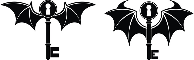 Halloween bat winged key silhouette, spooky mysterious key icon with lock symbol, fantasy gothic design for horror decoration and vector art