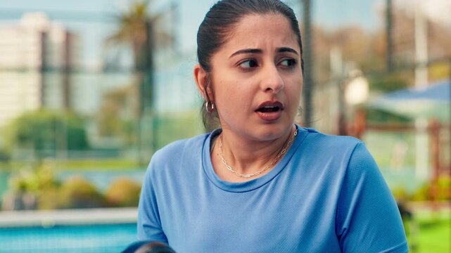 Tennis, woman or tired with breathing on court for intense match, tournament game or workout fatigue. Padel, athlete and thinking at sports club with training challenge, exercise break and recovery - Powered by Adobe