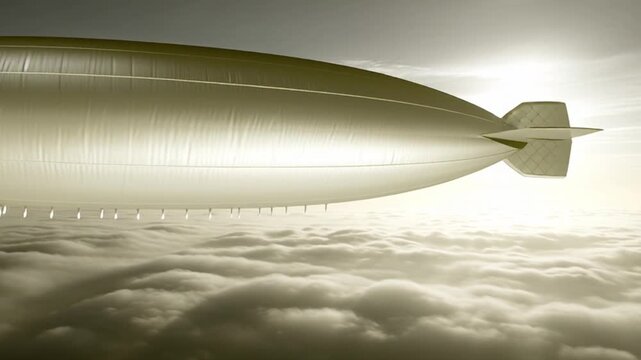 A large silver blimp floats serenely above a sea of clouds
