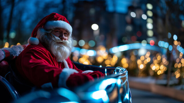 Faceless Santa Claus on virtual reality sleigh ride attraction in winter theme park modern festive entertainment holiday technology seasonal innovation bokeh with copy space - Powered by Adobe