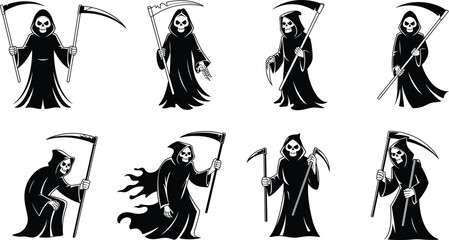 Grim reaper character set with scythe, spooky death figure illustrations for Halloween horror artwork, dark fantasy costume design elements
