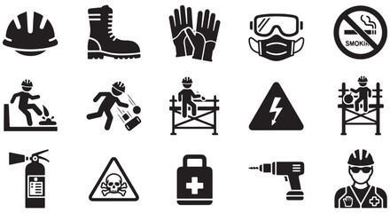 Construction site hazard glyph icon set. Vector pictograms of goggles, ear protection, respirator, mask, drill, emergency, assembly, fire, black sign silhouette illustration