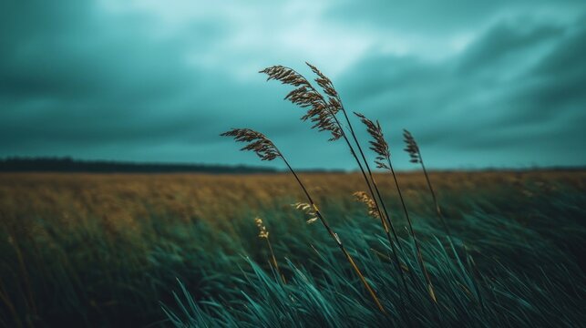 Tall grasses sway in a brooding, misty field under a stormy sky