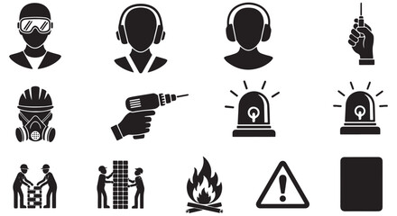 Construction site hazard glyph icon set. Vector pictograms of goggles, ear protection, respirator, mask, drill, emergency, assembly, fire, black sign silhouette illustration