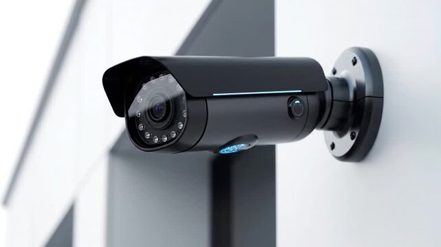 A black security camera is attached to a white wall, featuring reflective lens and light details