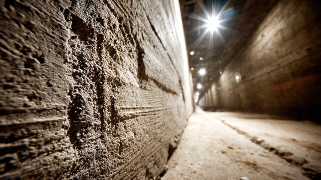 Textured concrete wall in a dimly lit, industrial-style tunnel