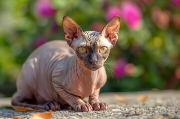 Sphynx cat sitting calmly in a vibrant garden surrounded by blooming flowers during a sunny afternoon