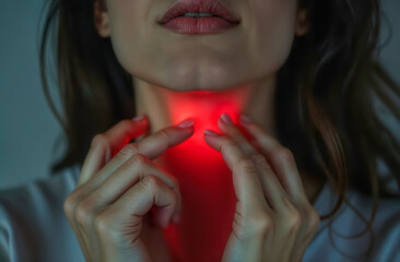 Woman using red light therapy on her throat for wellness and healing during evening hours