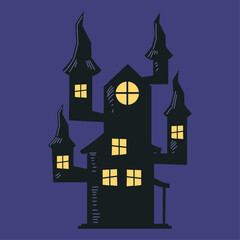 Spooky haunted house silhouette with glowing windows, a hand-drawn vector illustration concept for Halloween