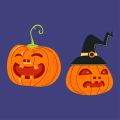 Two carved pumpkins with jack-o'-lantern faces, one with a witch's hat, perfect for Halloween fun!