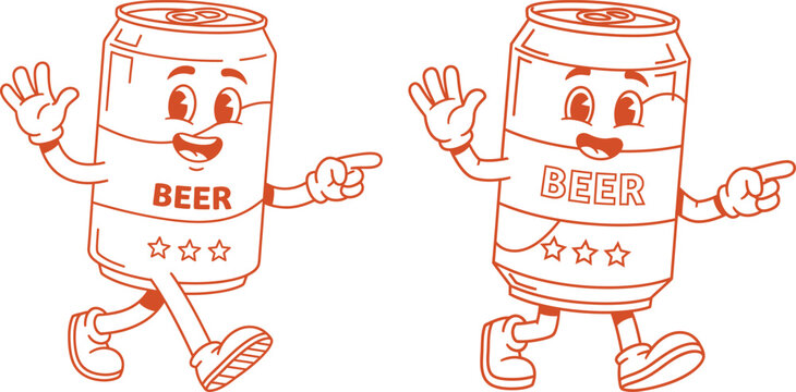 Beer can character with cartoon face, pointing and waving outline illustration