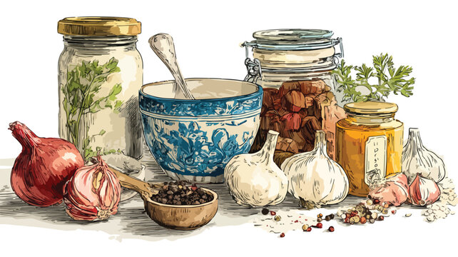 Vibrant Painting of Ingredients with Food Jar - Culinary Artistry Displayed