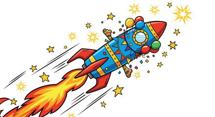 Cartoon rocket ship with flame trail flying through space with stars and party decorations design