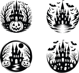 Spooky haunted castle silhouettes with pumpkins, bats, graveyard, and creepy leafless trees for Halloween night horror theme vector illustration
