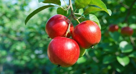 Three ripe red apples hanging from a branch with green foliage