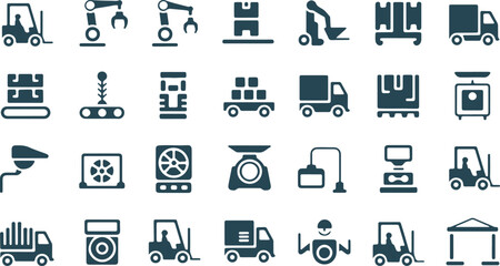 Warehouse Operations Icon Set, Equipment Silhouettes, Barcode Scanner Racking Shelving Conveyor Worker Safety Vest Crane Label Vector Illustration