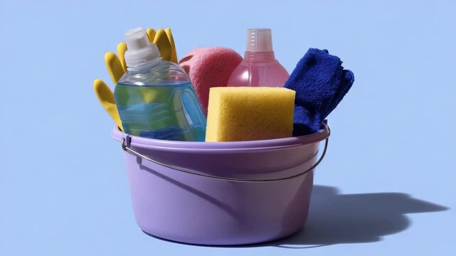 A purple bucket containing yellow gloves a blue liquid bottle pink and yellow sponges and a blue cloth on a light blue background