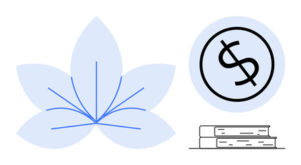 Abstract blue leaf, dollar sign within a circle, and stacked books reflecting themes of education, economy, nature, and wisdom. Ideal for concepts thumbs up wealth, sustainability, learning