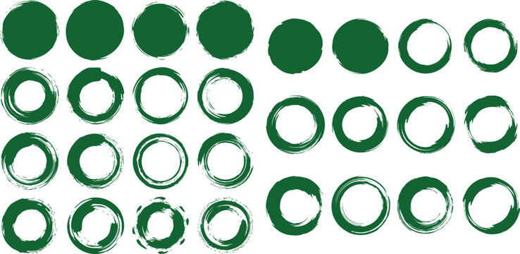 Collection of green circular brush stroke design elements, abstract circle set