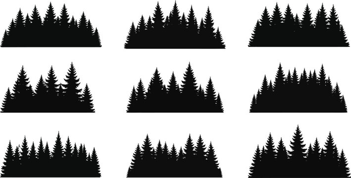 Collection of nine distinct black silhouette forest landscapes with varied evergreen tree densities and shapes