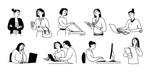Doodle set of businesswomen using devices, working on a laptop, computer, and monitor, discussing a project. Vector set of isolated illustrations.