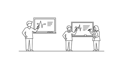 People presenting business data on screen and whiteboard