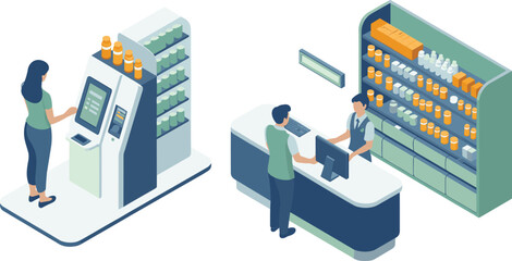 Isometric 3d illustration of modern pharmacy interior with pharmacist at counter, shelves with medicine, customer using self service machine