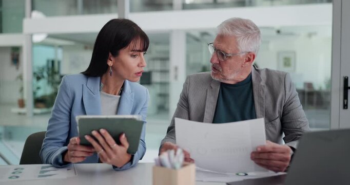 Discussion, graph or people in office with tablet, collaboration or feedback for financial campaign. Team, technology or analyst in agency with paper, data or performance review in budget project. - Powered by Adobe