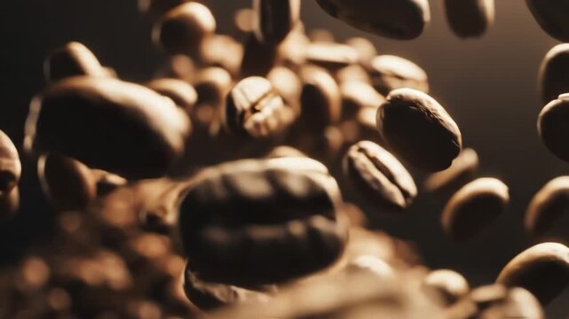 Close-up of roasted coffee beans falling and bouncing, creating a dynamic and aromatic visual experience perfect for advertising and culinary themes.