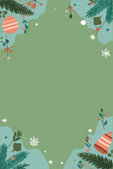 Vector illustration template of a Christmas card and Happy New Year greeting with a modern flat design style, featuring vibrant colors, bold shapes,