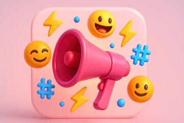 Vibrant 3D illustration of a pink megaphone surrounded by bright emoji and lightning bolt graphics