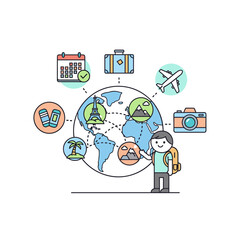 Person planning travel itinerary with globe and travel icons  