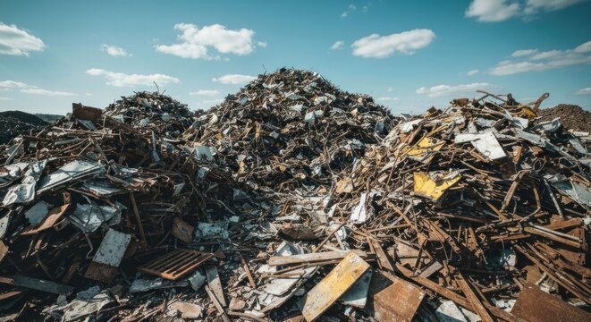 Vast piles of discarded scrap metal and debris under a bright, cloudy sky