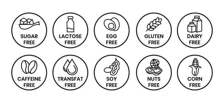 Set allergen free icons. Allergen free label products. Free lactose, gluten, sugar, corn, egg, trans fat, dairy, soy, nuts, caffeine, symbol, logo, badge, black, vector, isolated on white background.