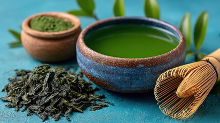 Vibrant green powdered tea, whisk, dry leaves, and liquid in rustic bowl
